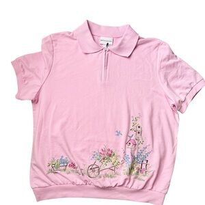 Grannycore embroidered polo shirt candy pink quarter zip short sleeve collared L